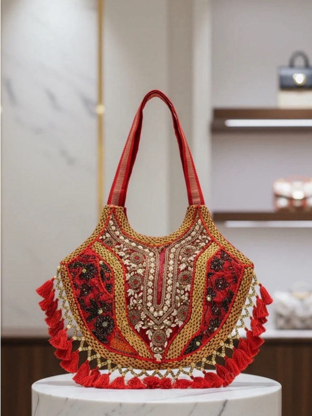 Handcrafted Embroidery Beaded Banjara Boho Shoulder Bag Red & Gold